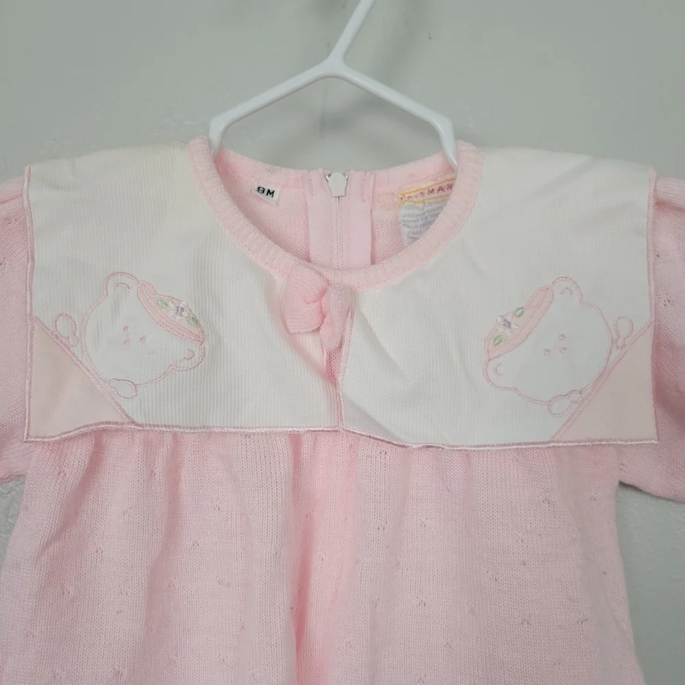 Friemanit Vintage Baby Girl 9 Months Light Pink Knit Outfit Square Collar Bear